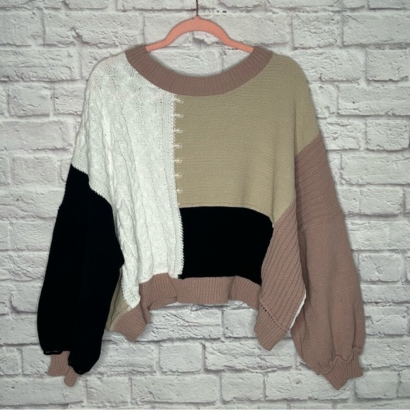 POL Colorblock Patch Mixed Knit Balloon Sleeves Tie Back
Sweater - Picture 8 of 15